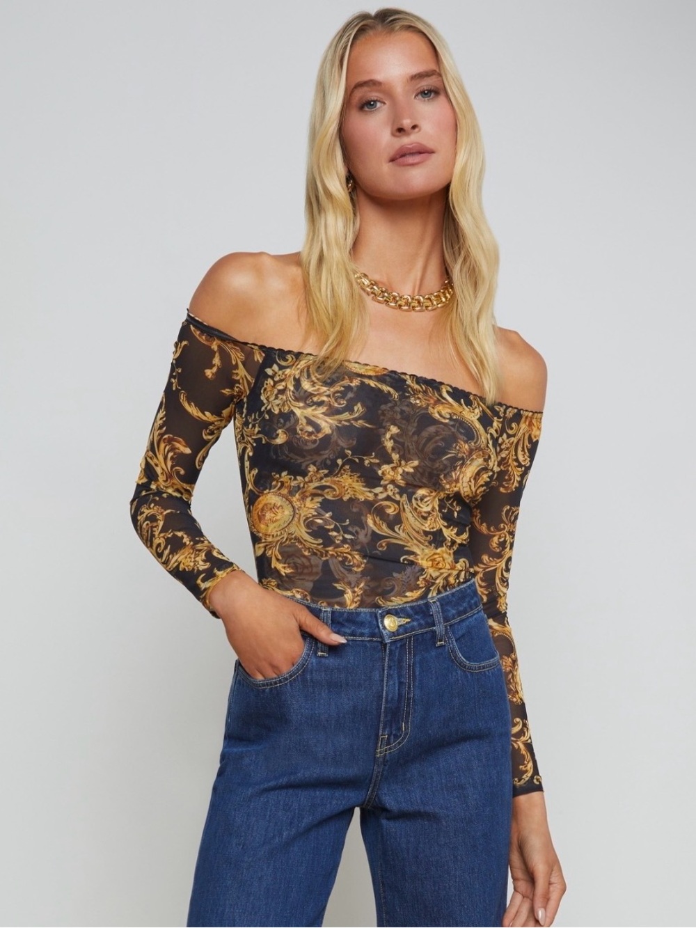 NWT L'Agence (S) Peonie Off-The-Shoulder Bodysuit Black + Gold Swirl
*SOLD OUT